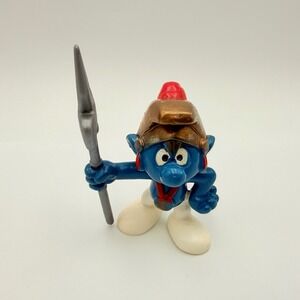 Vintage Peyo Bully Warrior Smurf Figure W Germany Halberd Helmet Red Plume